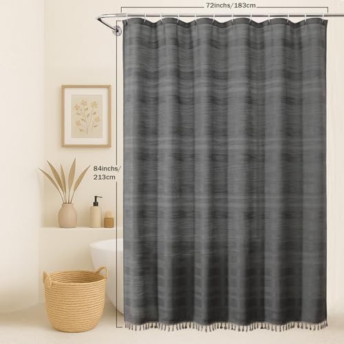 OVZME Extra Long Boho Shower Curtain 84 Inch Long, Modern Farmhouse Heavy Duty Textured Soft Fabric, Rustic Country Luxury Cloth Shower Curtain with Tassel for Bathroom Hotel, 72Wx84L, Charcoal Grey