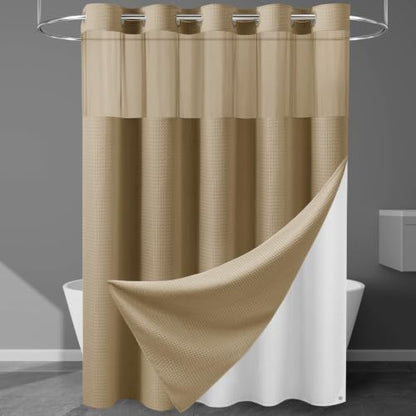EUTXL Heavyweight Waffle No Hook Shower Curtain with Liner, Beige, 71x74