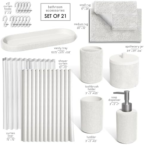 Clara Clark White Bathroom Set - Bathroom Sets with Shower Curtain and Rugs, 21PC Bathroom Accessory Set, Shower Curtain Set with Soap Dispenser & Toothbrush Holder