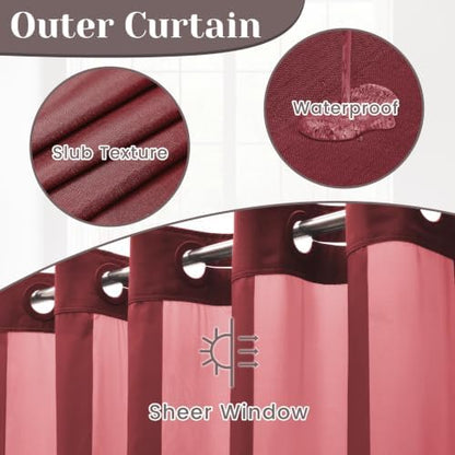 SORTTO No Hook Slub Shower Curtain with Liner, 71x74, Burgundy