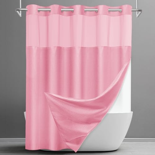 SORTTO No Hook Waffle Shower Curtain with Snap in Liner Set, 71x74, Pink