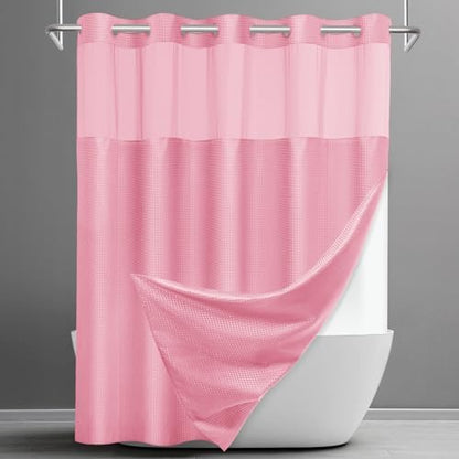 SORTTO No Hook Waffle Shower Curtain with Snap in Liner Set, 71x74, Pink