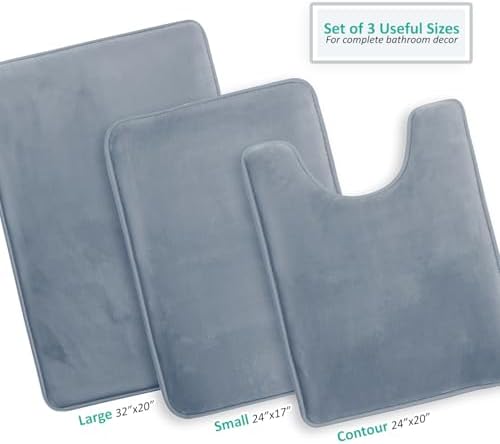 Clara Clark 3 Piece Bathroom Rugs, Velvet Memory Foam Bath Mat Set, Non-Slip Bath Rugs, Machine Wash, Dries Quickly, Ultra Soft Plush Bath Mats for Bathroom, 17 x 24/20 x 32 / Contour, Stone Blue