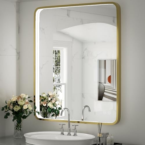 30x36 Inch LED Gold Frame Bathroom Mirror, ETL Listed
