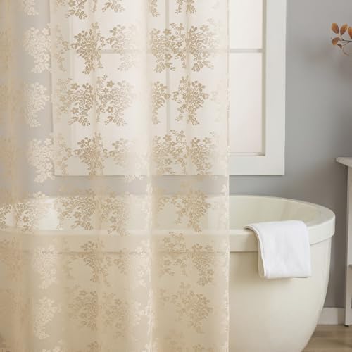 TUDECO Extra Long Beige Lace Shower Curtain with Valance, 72 x84 Inch