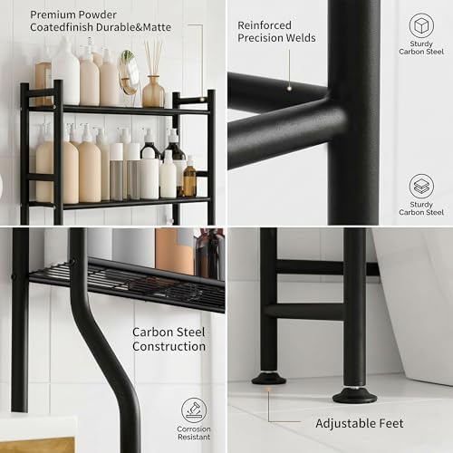 GloTika 3-Tier Over Toilet Storage, Anti-Tilt, 64" H, Black, 2 Baskets