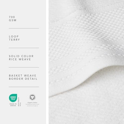 Texere 100% Organic Cotton Rice Weave Jacquard 700 GSM Luxury Bath Towel Sets - Ultra Soft and Absorbent Hotel and Spa Quality (Rice Weave, Bright White, 2 Bath Towels)