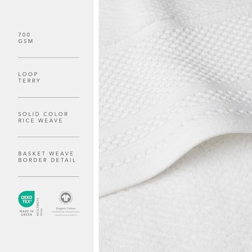 Texere 100% Organic Cotton Rice Weave Jacquard 700 GSM Luxury Bath Towel Sets - Ultra Soft and Absorbent Hotel and Spa Quality (Rice Weave, Bright White, 2 Bath & 2 Hand Towels)