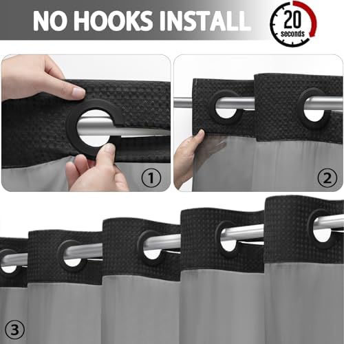 No Hook Shower Curtain with Liner Set Hotel Waffle Curtain Black 72W X 78L