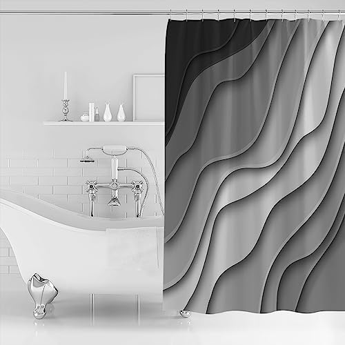 Shower Curtain Bathroom Set Black Grey Ombre Gradient Water Ripple Waterproof Shower Curtains with Grommets Hooks Abstract Lines Modern Art Privacy Bath Curtain for Bathtub Decor 36x72in
