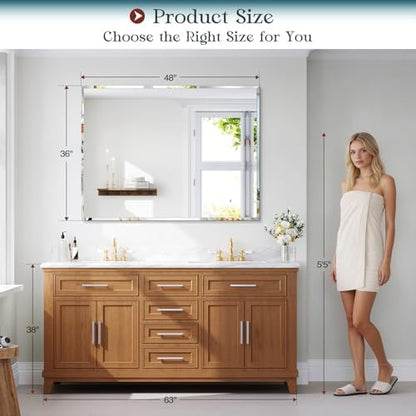 36"x48" Frameless Bathroom Mirror, Beveled Bathroom Vanity Mirror
