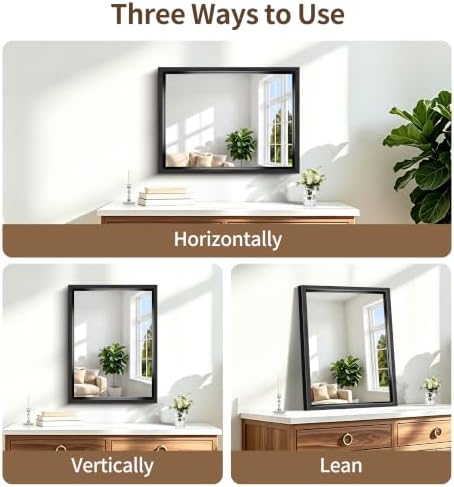 Bathroom Mirror, 18 x 24 inch Brushed Black Metal Frame Rectangular Vanity Mirror, Wall Mounted Rectangle Mirror for Bedroom Living Room, Tempered Glass, Antirust, Horizontally or Vertically