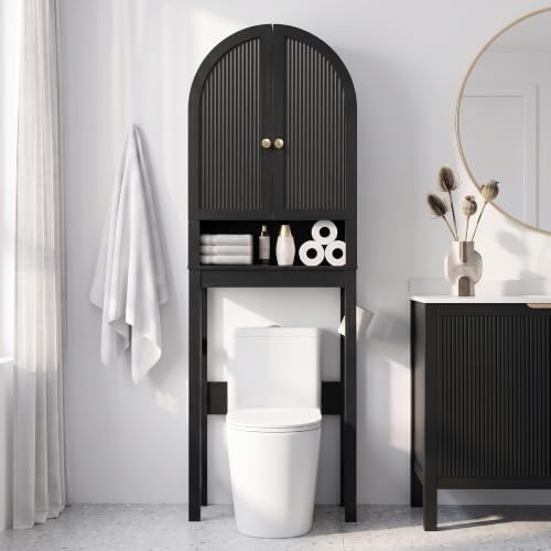 HMstone Over The Toilet Storage Cabinet, Arched Bathroom Organizer and Storage with Doors and Adjustable Shelf, Space-Saving Freestanding Bathroom Modern Storage Cabinet Over Toilet (Black)