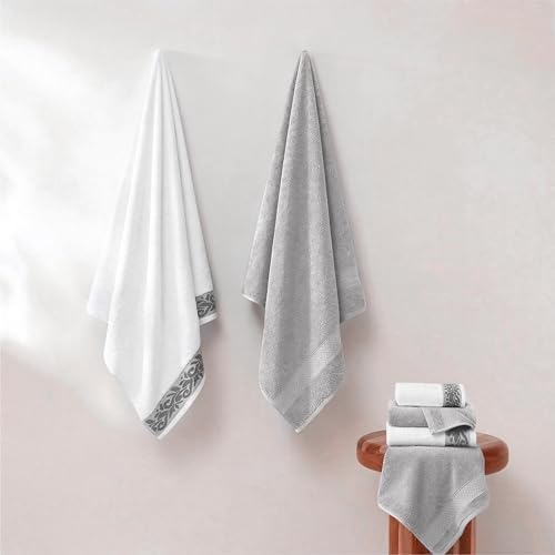 Modern Threads 6 Piece Bath Towel Set – Bathroom Towel Set with 2 Bath Towels, 2 Hand Towels & 2 Washcloths – 100% Cotton, Soft & Absorbent – Jacquard Border (Silver)