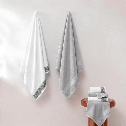 Modern Threads 6 Piece Bath Towel Set – Bathroom Towel Set with 2 Bath Towels, 2 Hand Towels & 2 Washcloths – 100% Cotton, Soft & Absorbent – Jacquard Border (Silver)