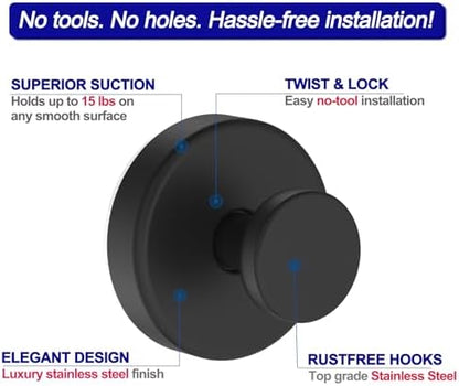 Suction Cup Hooks for Shower, Removable Towel Hooks for Bathroom Window Glass Door Wall, Bath Robe Looafh Hook for Hanging - 4 Pack, Black