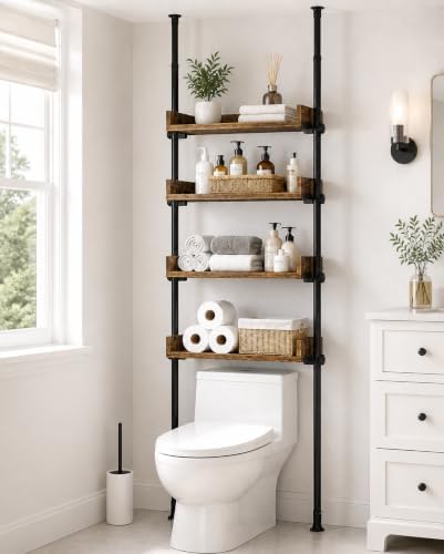 ALLZONE Bathroom Organizer, Over The Toilet Storage, 4-Tier Adjustable Wood Shelves for Small Rooms, Saver Space Rack, 92 to 116 Inch Tall, Narrow Cabinet, Rustic Brown