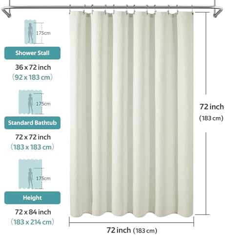 Vipfree 3 in 1 Shower Curtain Set, Waffle Shower Curtain and Liner Set with 12 Double Sided Shower Curtain Hooks, 258GSM Luxury Weighted Cloth Shower Curtains for Bathroom, 72 W x 72 H, Cream