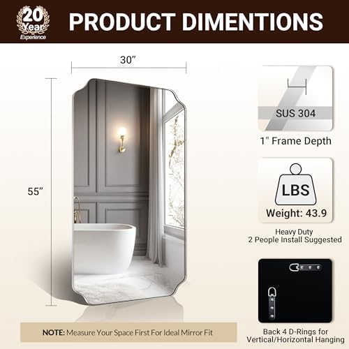ANDY STAR 30"x55" Large Bathroom Mirror, Chrome Scalloped Mirror for Wall, Full Length Wall Mirror with Unique Notched Corner Design, Hangs Vertically or Horizontally