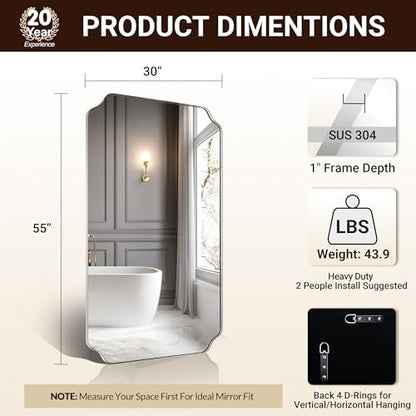 ANDY STAR 30"x55" Large Bathroom Mirror, Chrome Scalloped Mirror for Wall, Full Length Wall Mirror with Unique Notched Corner Design, Hangs Vertically or Horizontally