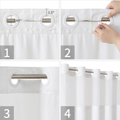 eachope No Hook Extra Long Shower Curtain Set with Snap-in Liner,Linen Textured Thick Striped Fabric with Tassels,Boho Chic Modern Farmhouse Bathroom Curtain,Water-Repellent,White,71x86
