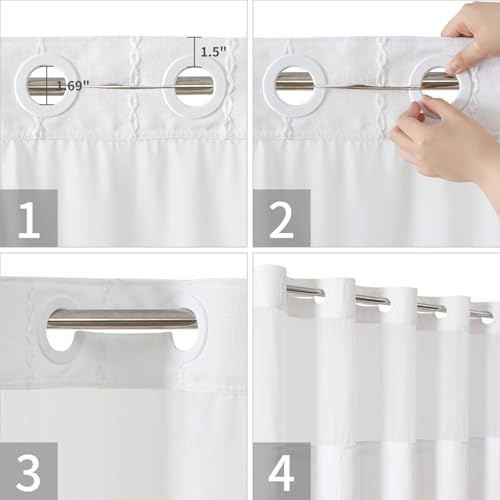 eachope No Hook Stall Shower Curtain with Snap-in Fabric Liner - 54x80 Heavy-Duty Linen Textured Striped Design,Narrow Rustic Modern Farmhouse Bohemian Bathroom Curtain,Water-Repellent,White