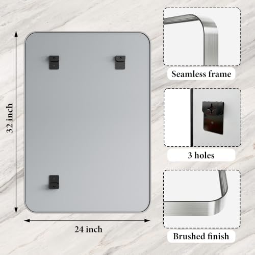 Matte Silver Metal Framed Vanity Rounded Rectangle Bathroom 24X32 Inch Mirrors for Over Sink Wall,Modern Decorative for Restroom, Anti-Rust Aluminum Alloy Mirror, Horizontally or Vertically Hanging