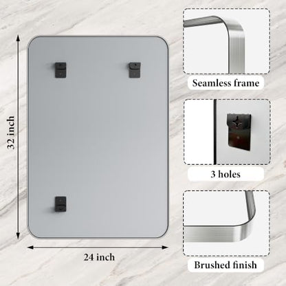 Matte Silver Metal Framed Vanity Rounded Rectangle Bathroom 24X32 Inch Mirrors for Over Sink Wall,Modern Decorative for Restroom, Anti-Rust Aluminum Alloy Mirror, Horizontally or Vertically Hanging