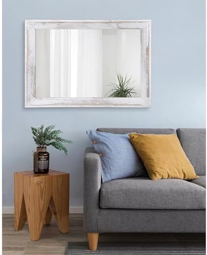 AAZZKANG Mirrors for Wall Rustic Wood Framed Hanging Mirror 28"x20" Decorative for Farmhouse Bedroom Bathroom Living Room Entryway Hallway White