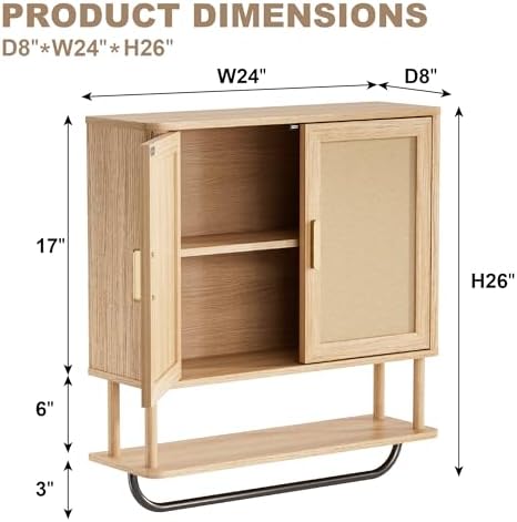 INNOD Rattan Bathroom Wall Cabinet with Towel Bar, Wall-Mounted Medicine Cabinet with Adjustable Wood Shelf & Doors, Over the Toilet Storage Cabinet for Laundry Room & Kitchen & Living Room