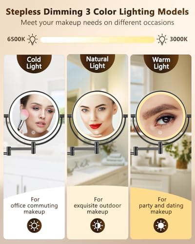 ALHAKIN 9" Wall Mounted Lighted Makeup Mirror, Large Double Sided 1X/10X Magnifying Mirror with 3 Color Lights Dimmable, 360° Rotation, Black