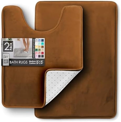 Clara Clark 2 Piece Bathroom Rugs, Velvet Memory Foam Bath Mat Set, Non-Slip Bath Rugs, Machine Wash, Dries Quickly, Ultra Soft Plush Bath Mats for Bathroom, 20 x 32 + Contour, Brown