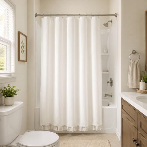 Linen Shower Curtain Boho Cream Shower Curtain with Tassels 60"L x 72"L