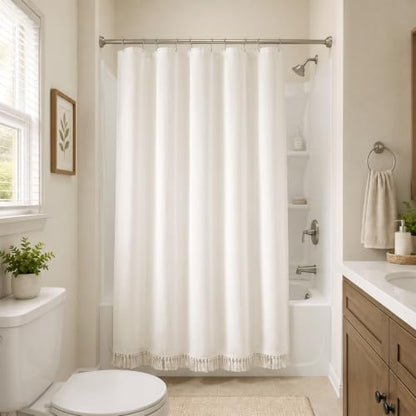 Linen Shower Curtain Boho Cream Shower Curtain with Tassels 60"L x 72"L