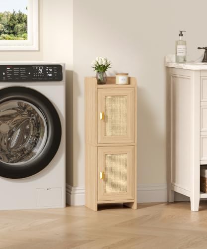 Akxomel Rattan Small Bathroom Cabinet Narrow Toilet Paper Organizer Oak