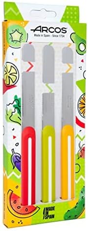 Arcos Paring Knife Set of 3 Pieces 4 Inch Stainless Steel. Colorful Kitchen Knives for Peeling Fruits and Vegetables. Ergonomic Polypropylene Handle. Serie B-Line. Color Orange, Red and Green.