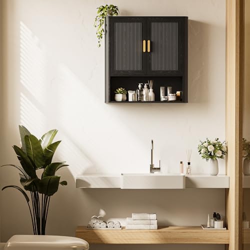 INNOD Bathroom Wall Cabinet, Wall-Mounted Medicine Cabinet with Adjustable Wood Shelf & Doors, Floating Bathroom Cabinet Over Toilet for Laundry Room & Kitchen & Living Room (Black)