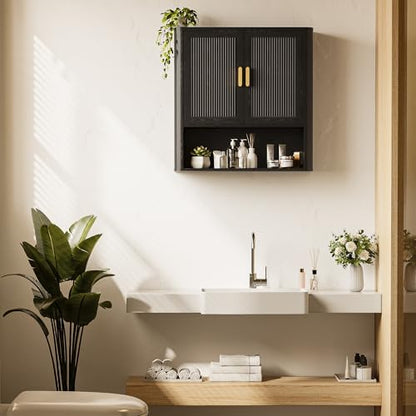 INNOD Bathroom Wall Cabinet, Wall-Mounted Medicine Cabinet with Adjustable Wood Shelf & Doors, Floating Bathroom Cabinet Over Toilet for Laundry Room & Kitchen & Living Room (Black)