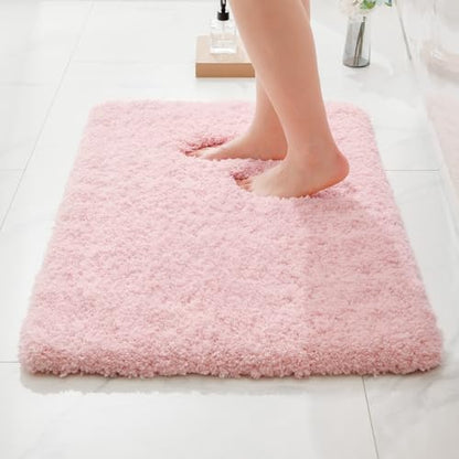 ILANGO Dark Pink Bathroom Rugs 24" × 17" Small Non Slip & Super Absorbent Extra Thick Soft, Washable Bath Mat for Floor, Microfiber Plush Shaggy Bath Rug with Rubber for Bathtub Shower Room Sink