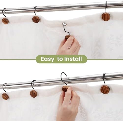 Wood Shower Curtain Hooks Rust Proof, Boho Shower Curtain Hooks Decorative, 24 Pack Shower Hooks for Shower Curtain, Shower Curtain Hangers Hooks (Brown,24)