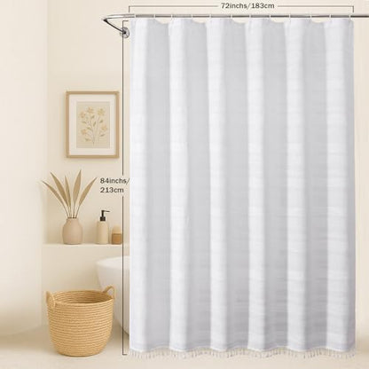 OVZME Extra Long White Boho Shower Curtain 84 Inch Long, Modern Farmhouse Heavy Duty Textured Soft Fabric, Rustic Country Cloth Shower Curtain with Tassel for Bathroom Hotel, 72Wx84L, White
