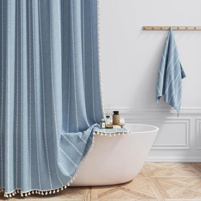 BTTN 60 x 84 Boho Farmhouse Linen Heavy Duty Cloth Shower Curtain Set, Blue