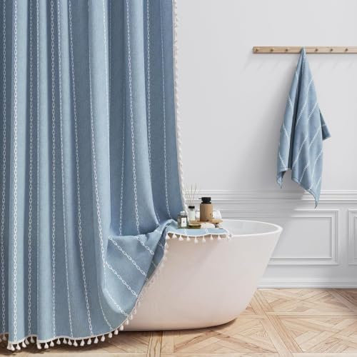 BTTN 48 x 72 Boho Farmhouse Linen Heavy Duty Cloth Shower Curtain Set, Blue