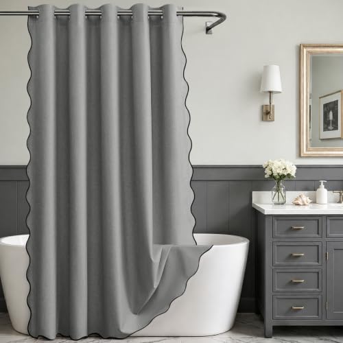 Furlinic No Hook Shower Curtain Scalloped Grey Extra Wide Waterproof 78x75
