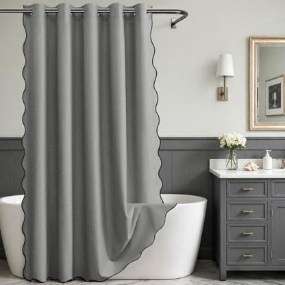 Furlinic No Hook Shower Curtain Scalloped Grey Extra Wide Waterproof 78x75