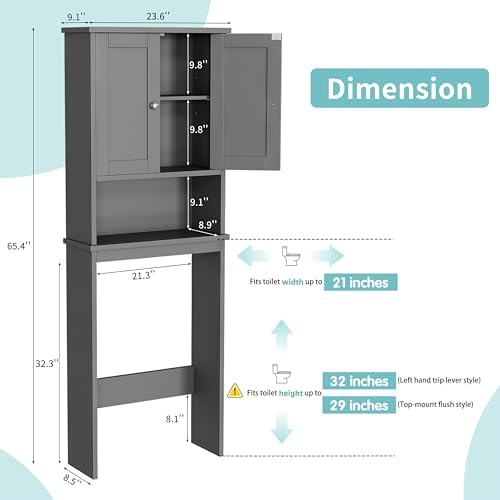 Shintenchi Over the Toilet Storage Cabinet, Bathroom Shelf Organizer with Anti-Tip Device Small Freestanding Space Saver with Adjustable Shelf, Gray