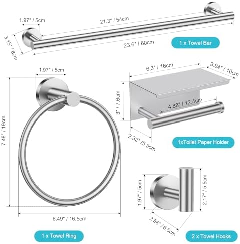TURS Brushed Nickel 5-Piece Bathroom Hardware Set Towel Bar Set SUS304 Stainless Steel Towel Racks for Bathroom Wall Mounted, 23.6-Inch