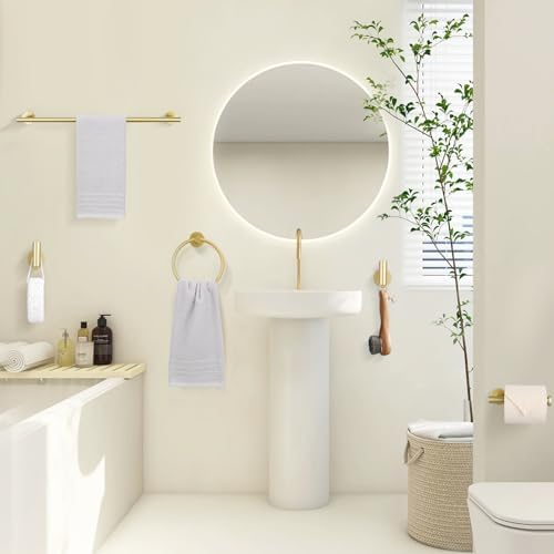 TURS Brushed Gold 5 Piece Bathroom Hardware Set, SUS304 Stainless Steel 24 Inch Bath Towel Bar Set, Round Bathroom Accessories Kit Wall Mounted