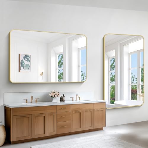 BONEWEI Gold Bathroom Mirror,60x36 inch Wall Mirror for Bathroom Wall Mounted,Round Rectangle Mirror for Bathroom Over Sink,Modern Frame for Home Decor Living Room,Bedroom Entryway,Horizontal/Vertical