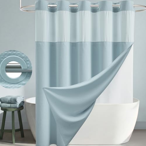 Dynamene Fog Blue Hook Free Waffle Shower Curtain & Snap-in Liner,72x75